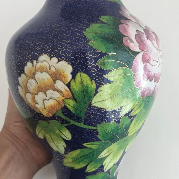 Vtg 10" Oriental Cloisonne Vase Blue Bird Dahlia Plum Royal Blue Asian Chinese - Picture 9 of 15